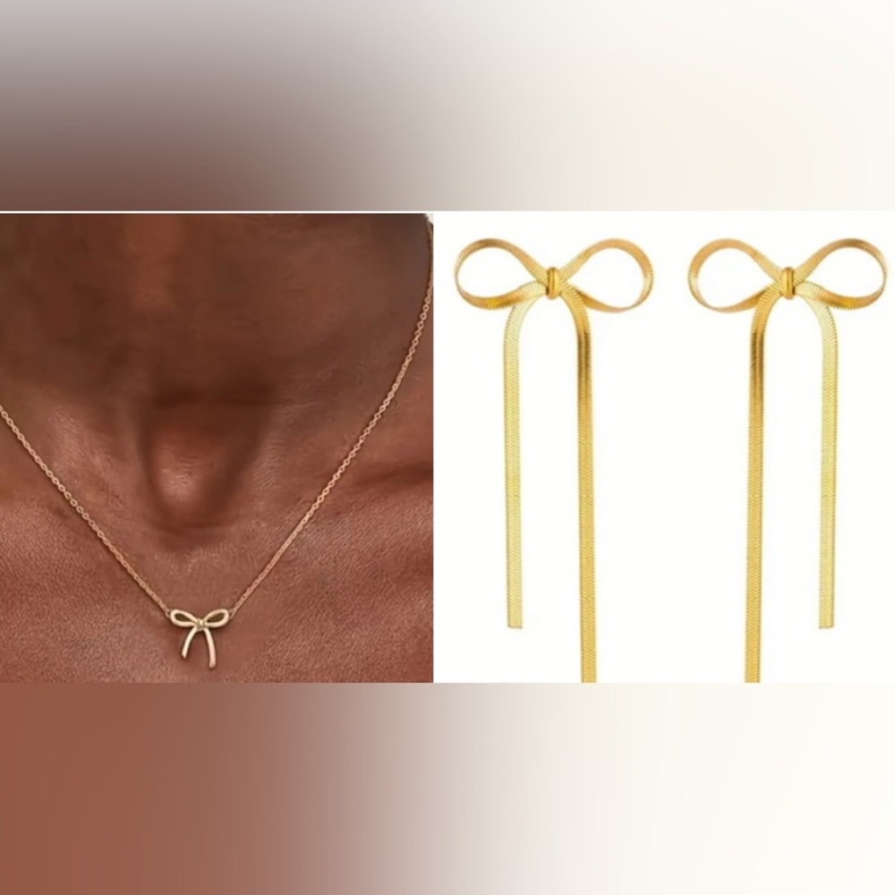 Chic Gold Bow Necklace and Earring Set